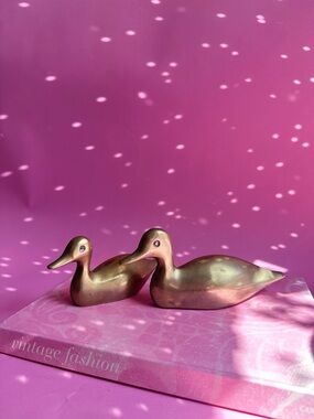 Pair of Solid Brass Duck Figurines / Paperweights - Gold Tone Decorative Pair